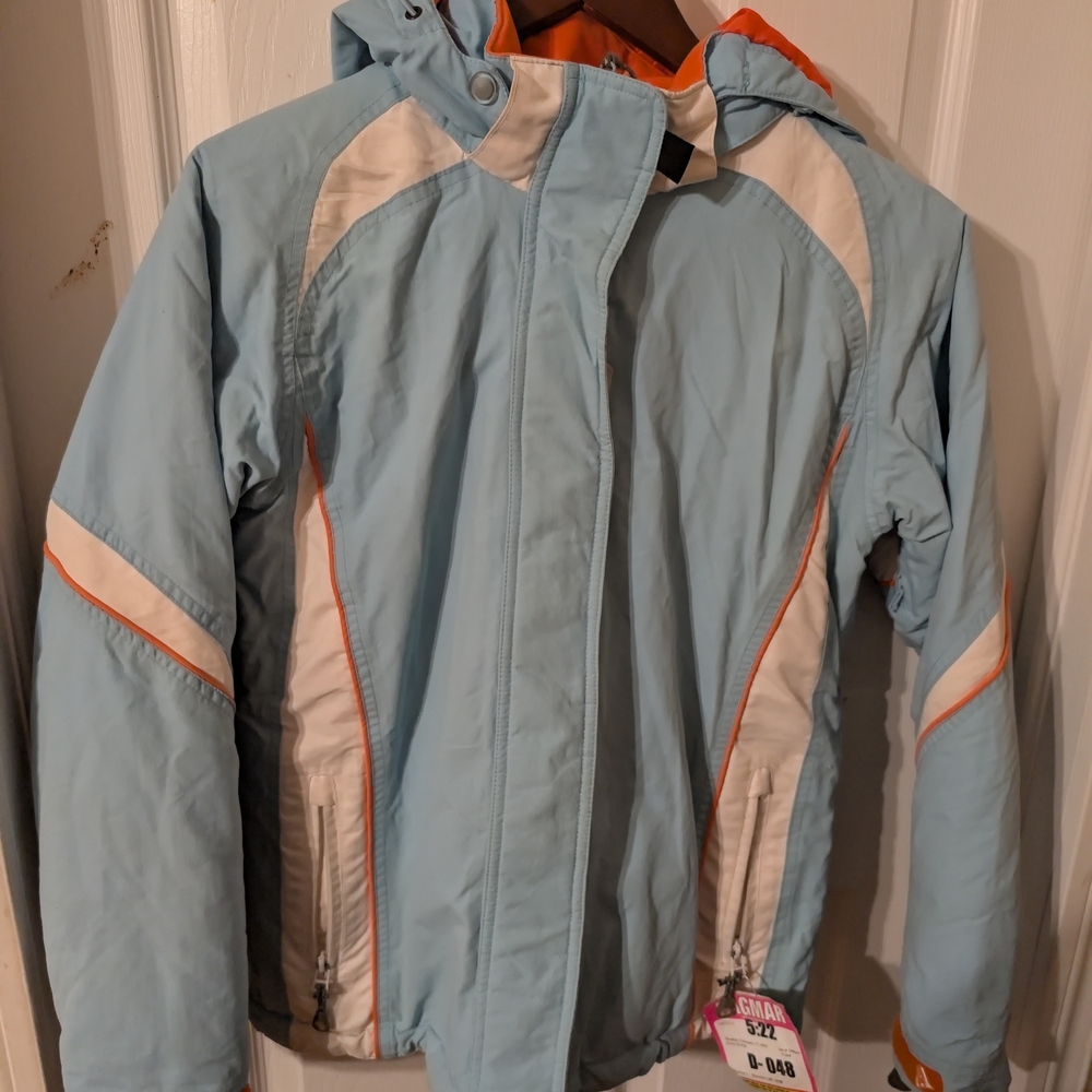Light Blue and White Hooded Ski Jacket with Orange Accents XS-Sm